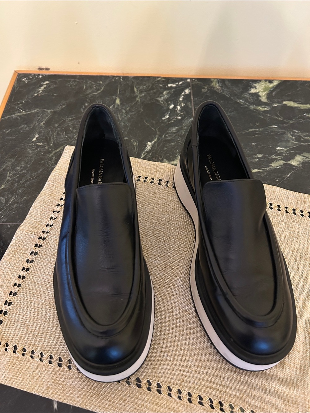 Paloma Barcelo Black Leather Slip-On Loafers with White Midsole